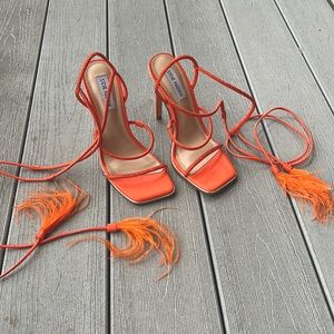 Steve Madden “Upgrade” Orange Feathered Lace Up Heels